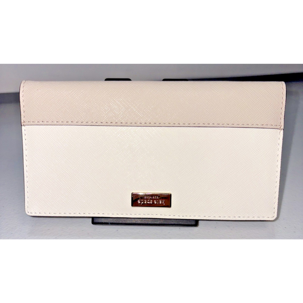 Kate Spade Laurel Way Stacy Snap Wallet Almond Black Leather Saffiano Cream Gold